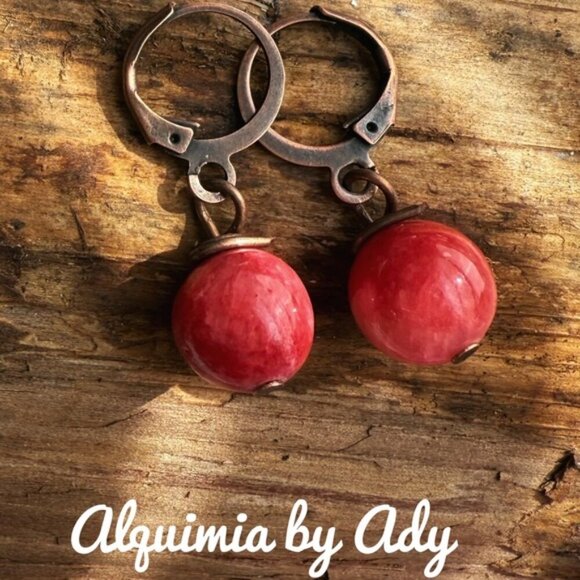 Rustic red jade spheres dangle earrings - Picture 1 of 1